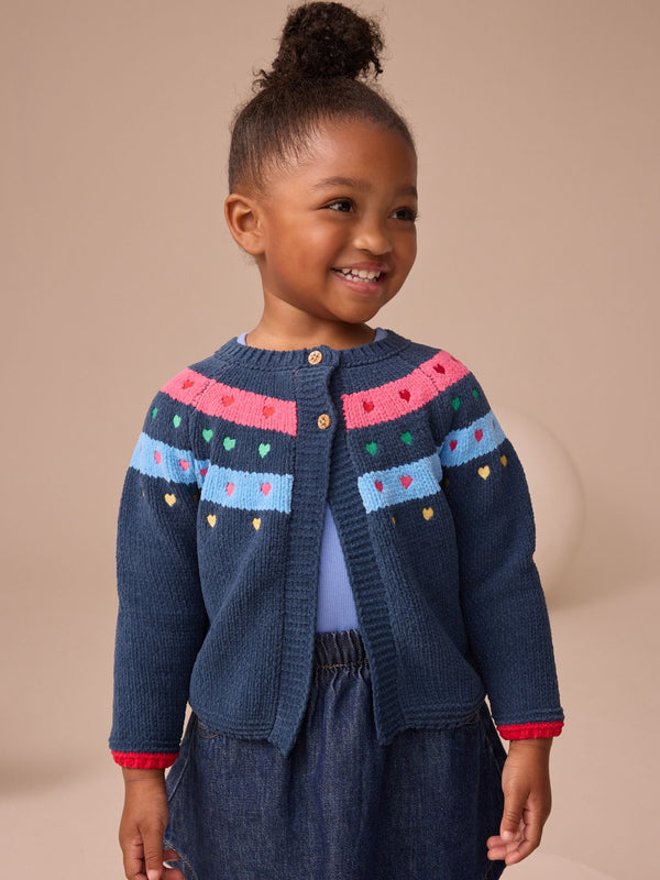 Navy Knitted Heart Print Cardigan (3mths-7yrs)