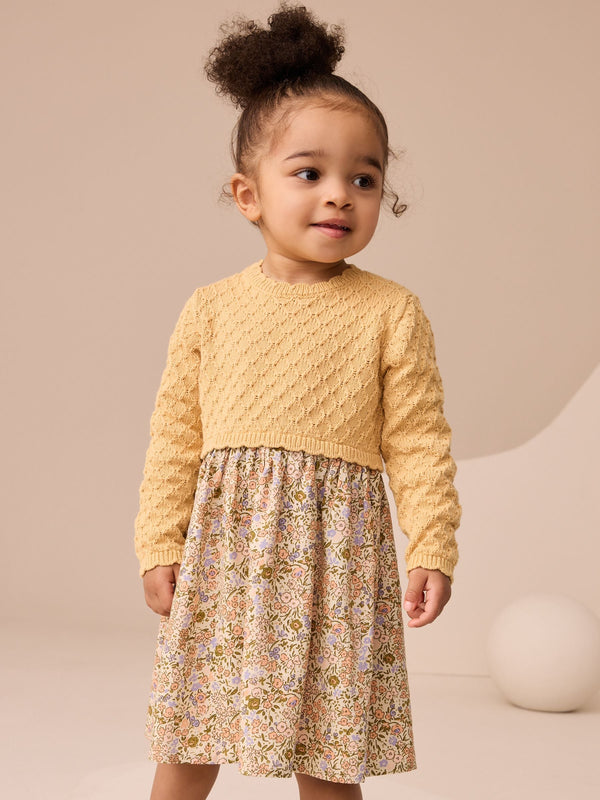 Ochre Yellow Floral Print Knit Dress (3mths-7yrs)