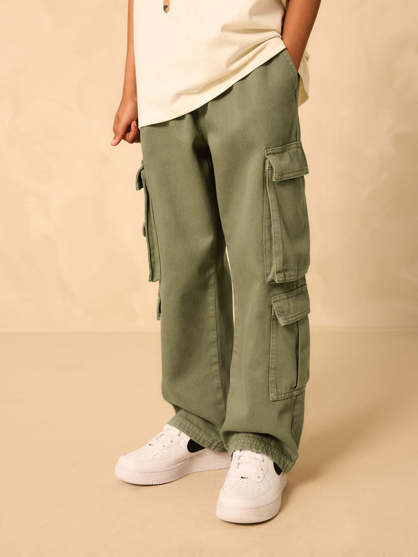Khaki Green Twill Woven Cotton Cargo Trousers (3-16yrs)