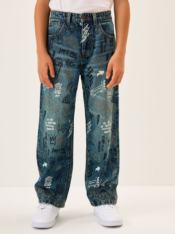 Graffiti All Over Print Mid Blue Wide Fit Authentic Jeans (3-16yrs)