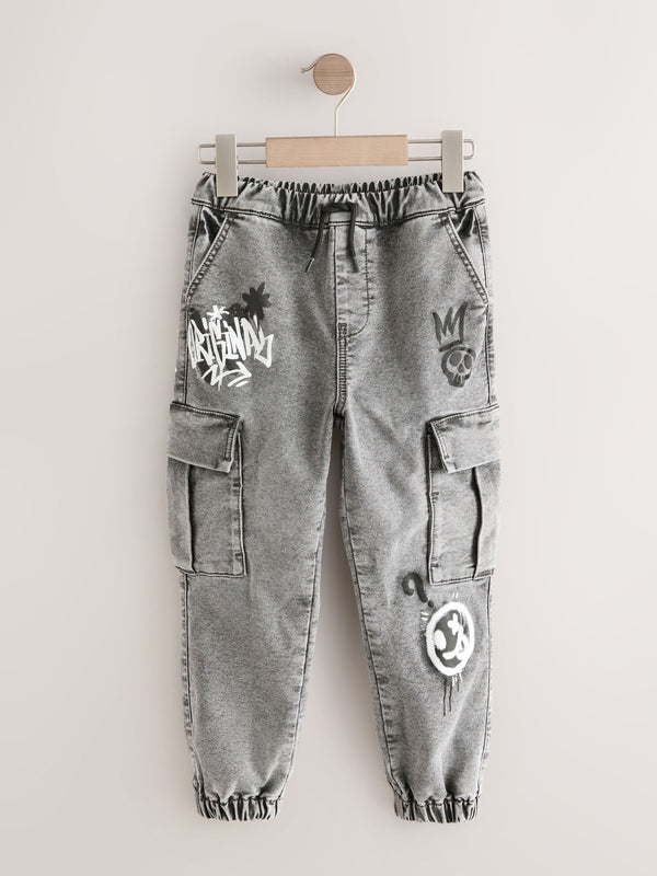 Grey Graffiti Cargo Jeans With Elasticated Waist (3-16yrs)