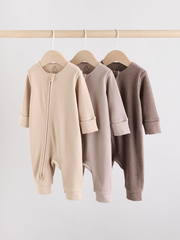 Chocolate Brown Baby Two Way Zip Footless Sleepsuits 3 Pack (0mths-3yrs)