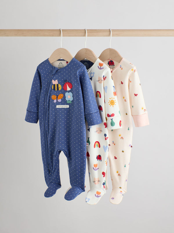 Navy Two Way Zip Baby Sleepsuits 3 Pack (0-2yrs)