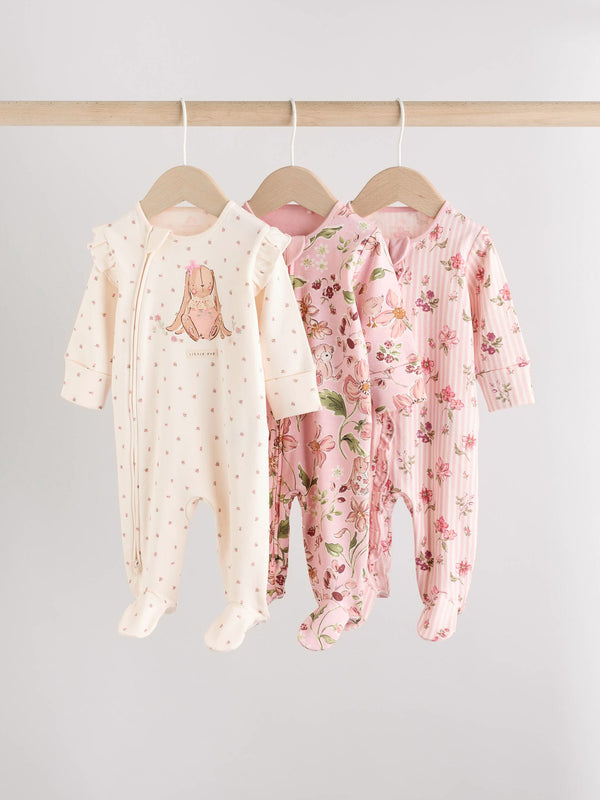 Pink Baby Two Way Zip Sleepsuits 3 Pack