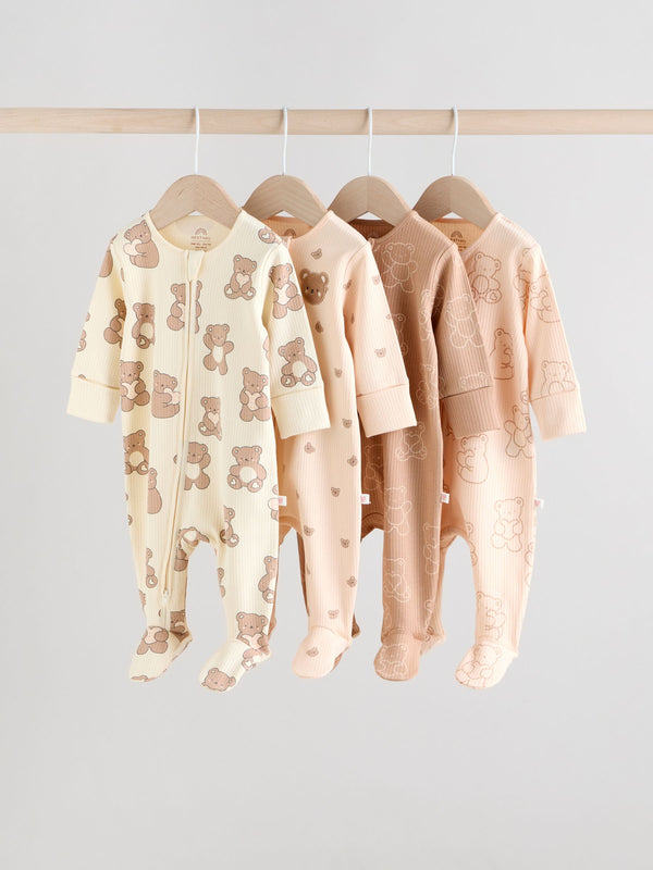 Brown Baby Two Way Zip Sleepsuits 4 Pack (0mths-2yrs)