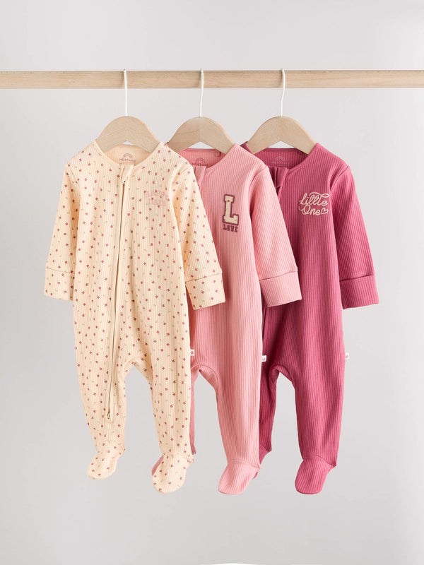 Pink Baby Two Way Zip Floral Print Sleepsuits 3 Pack (0mths-3yrs)