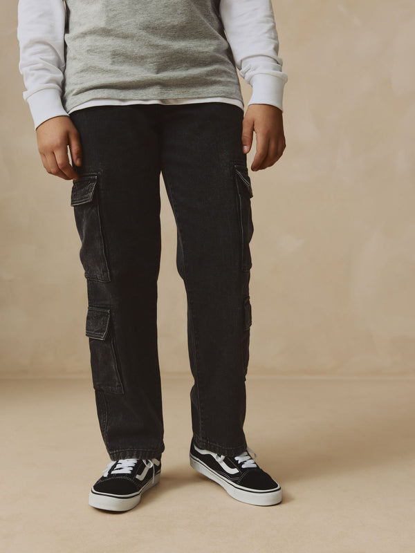 Black 100% Cotton Denim Multipocket Cargo Jeans (3-16yrs)