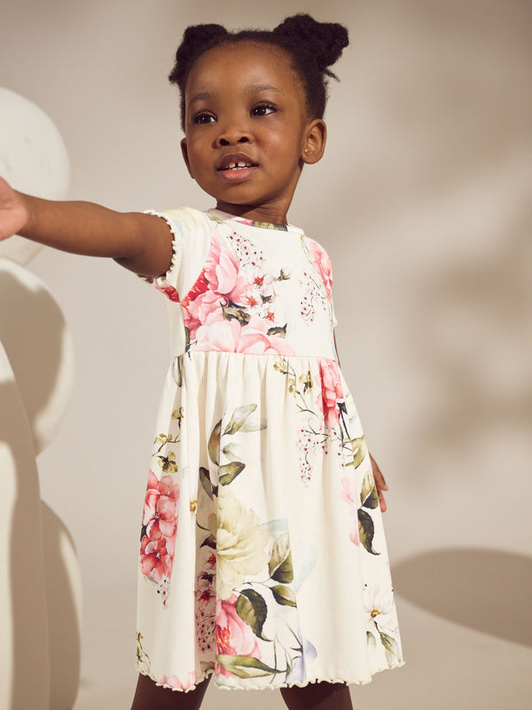 Cream Floral Short Sleeve Rib Summer Dress (3mths-7yrs)