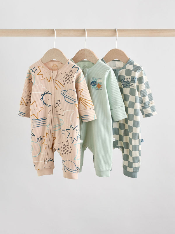 Light Blue Baby Two Way Zip Footless Cotton Sleepsuits 3 Pack (0mths-3yrs)