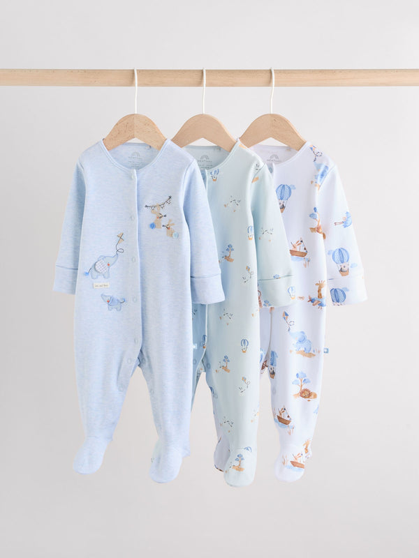 Blue/White Baby Embroidered Sleepsuits 3 Pack