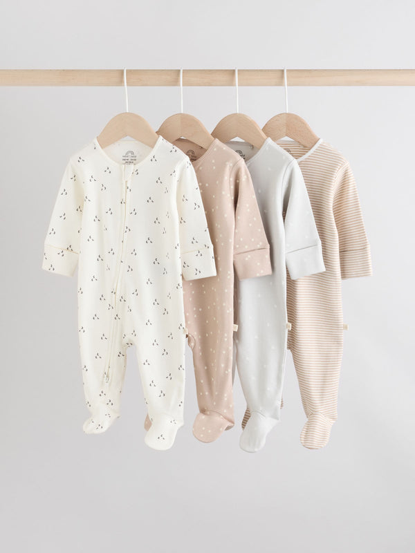 Cream 4 Pack Two Way Zip Baby Sleepsuits (0-2yrs)