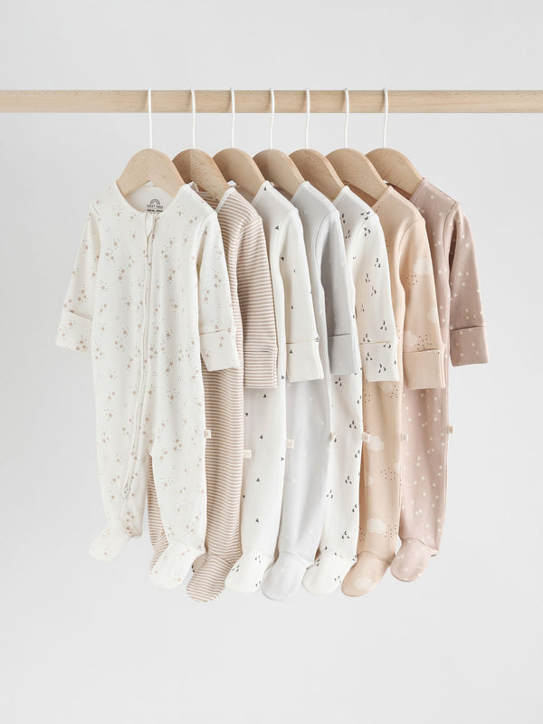 Neutral 7 Pack Two Way Zip Baby Sleepsuits (0-2yrs)