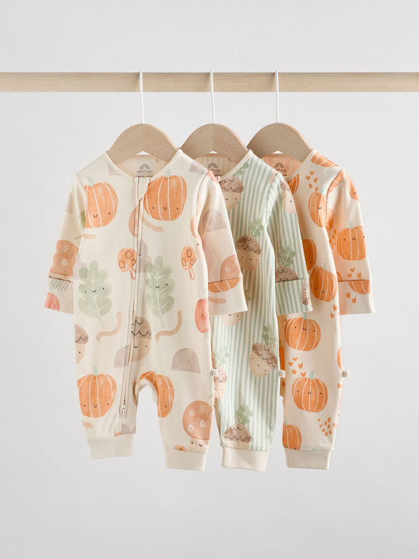 Cream Autumn Pumpkin Two Way Zip Footless Baby Sleepsuits 3 Pack (0mths-3yrs)