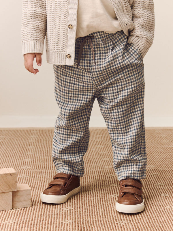 Neutral/Blue Check Pull On Smart Trousers (3mths-7yrs)