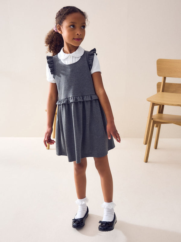 Grey Jersey Stretch Frill School Pinafor (3-14yrs)