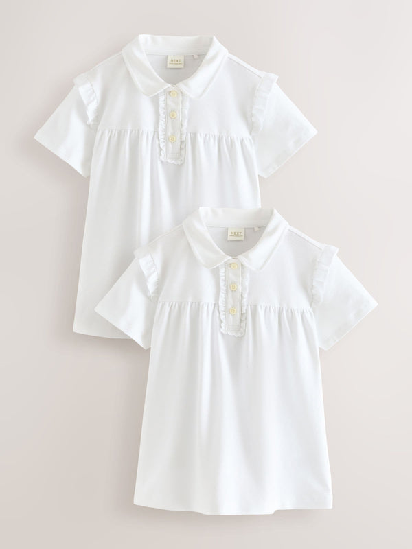 White Cotton Stretch Frill Shoulder School Polo Tops 2 Pack (3-16yrs)