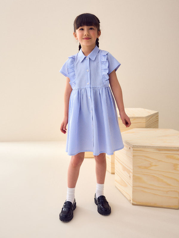 Blue Cotton Rich Frill Gingham School Dress (3-14yrs)