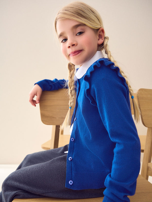 Blue Cotton Rich Frill Shoulder School Cardigan (3-16yrs)