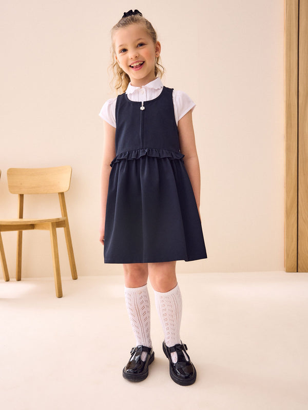 Navy Blue Zip Front Frill Waist School Pinafore Dress (3-14yrs)