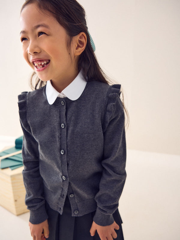 Grey Cotton Rich Frill Shoulder School Cardigan (3-16yrs)