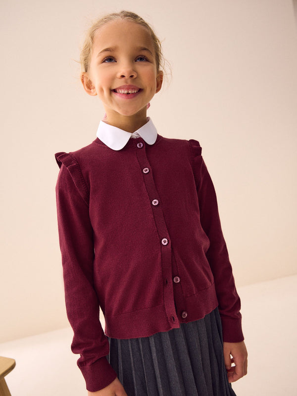 Burgundy Red Cotton Rich Frill Shoulder School Cardigan (3-16yrs)