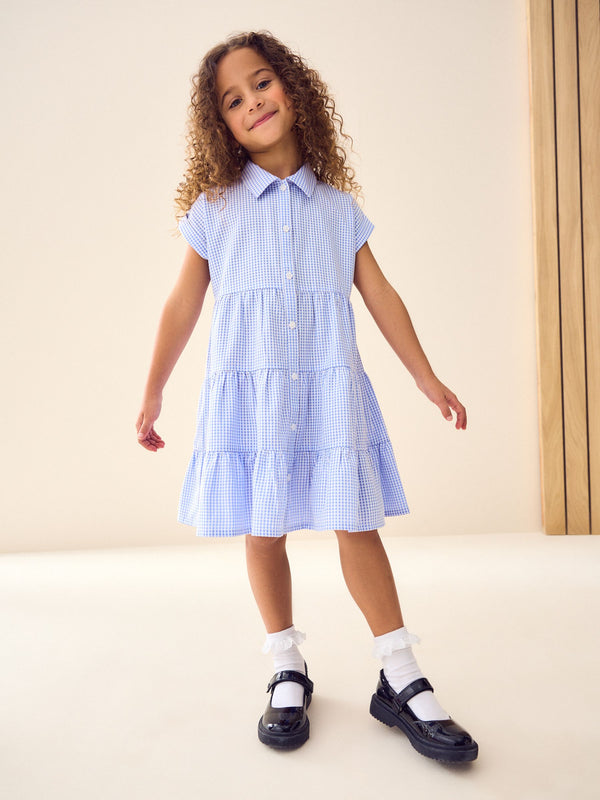 Blue Cotton Rich School Gingham Tiered Shirt Collar Dress (3-14yrs)