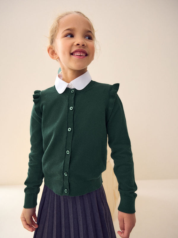 Green Cotton Rich Frill Shoulder School Cardigan (3-16yrs)
