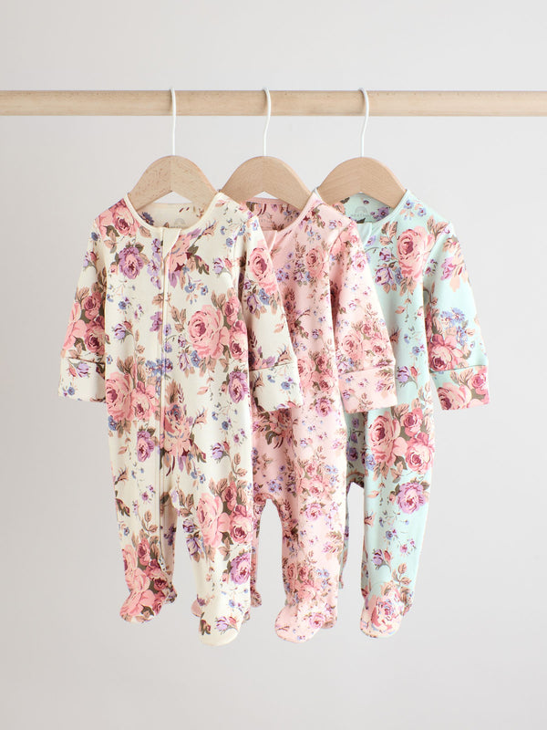 Pink/Green Floral 100% Cotton Popper Baby Sleepsuits 3 Pack