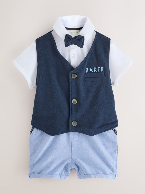 Baker by Ted Baker Blue 100% Cotton Smart Bow Tie Rompersuit