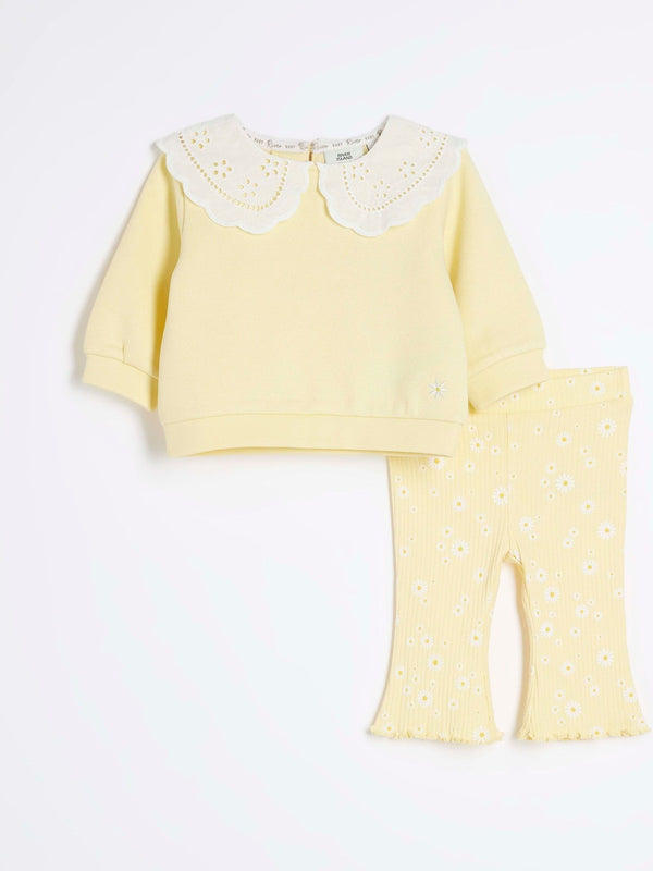 River Island Yellow Baby Girls Broderie Collar 100% Cotton Sweater Set