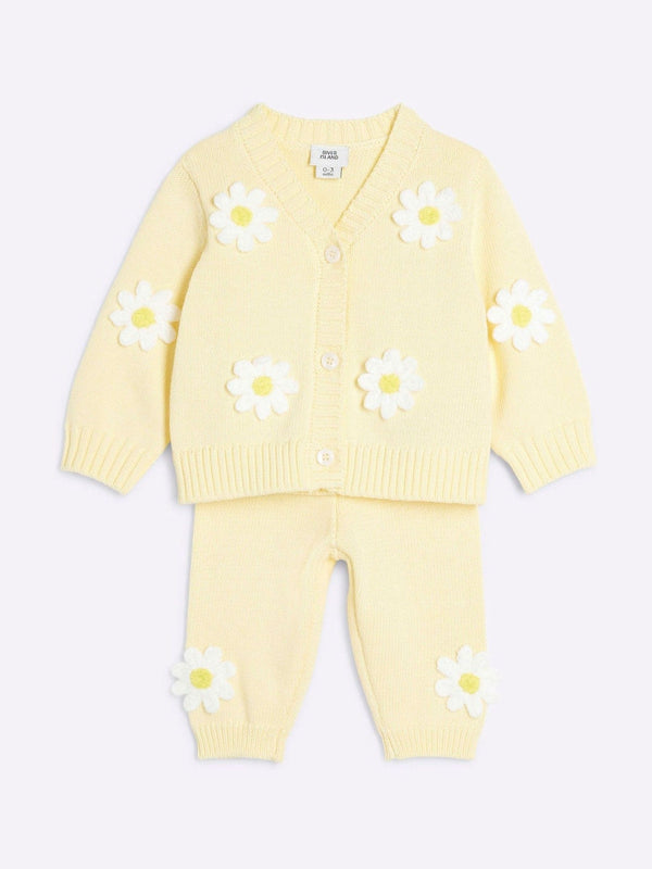 River Island Yellow Baby Girls Daisy 100% Cotton Crochet Sweat Top Set