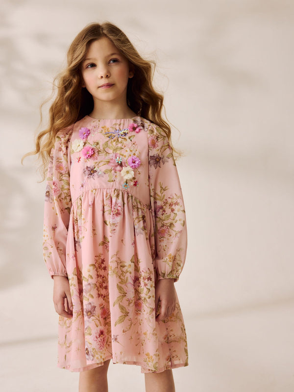 Pink Floral Long Sleeve Embellished Dress (3-10yrs)