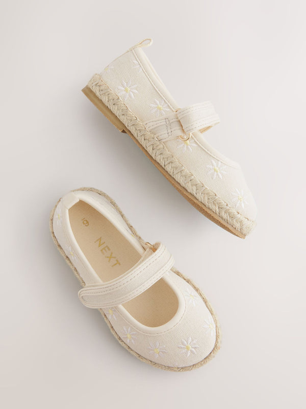 Neutral Embroidered Daisy Touch Fastening Espadrilles Shoes immediate