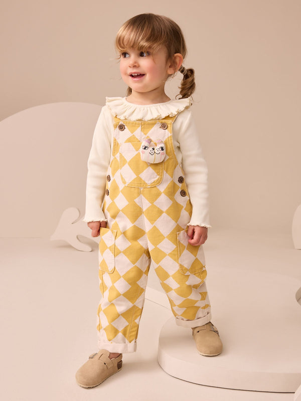 Yellow Harlequin Print Dungarees Set (3mths-7yrs)