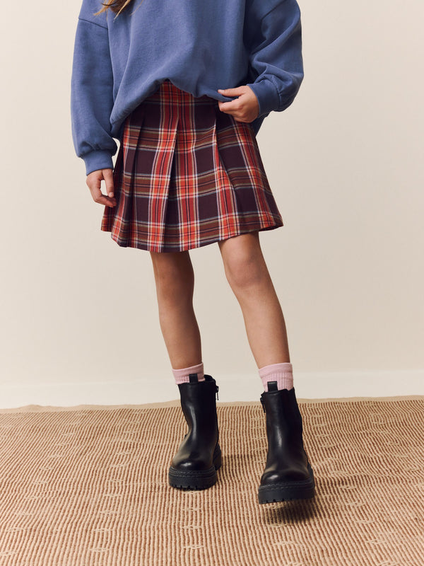 Burgundy Red Pleated Check Skirt (3-16yrs)