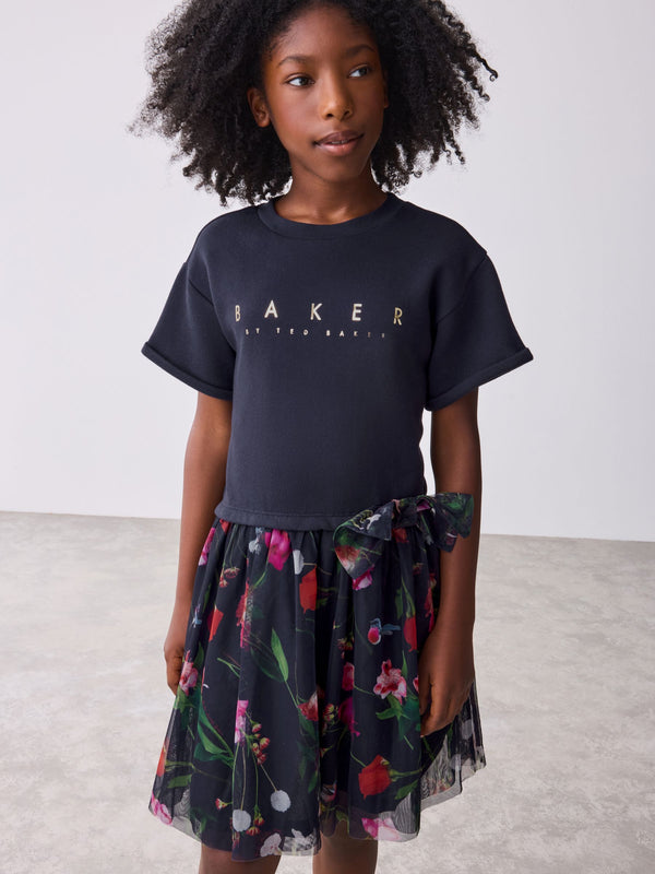 Baker by Ted Baker Navy Floral Print Mesh Mockable Dress