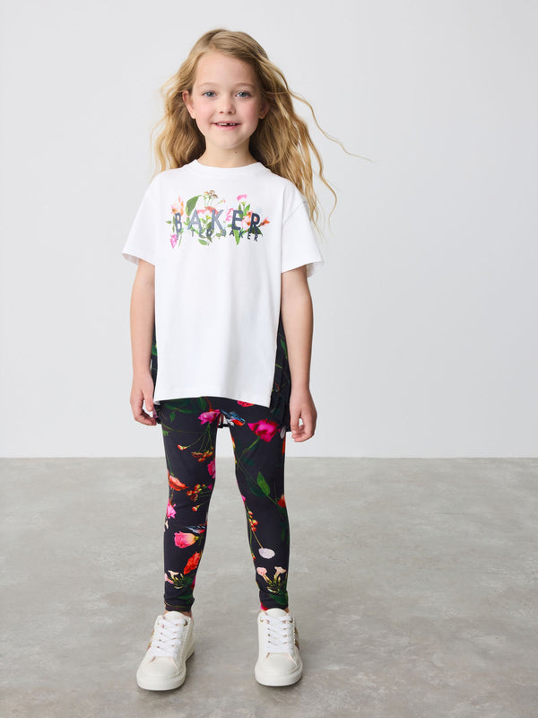 Baker by Ted Baker Navy Pleated Back Floral Print T-Shirt and Leggings Set 2 Piece
