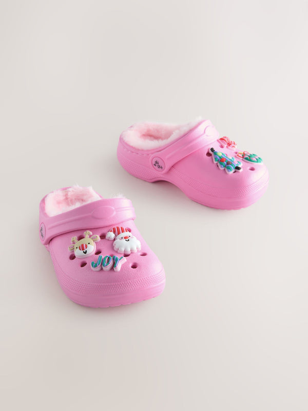 Pink Christmas Faux Fur Lined Clog Slippers