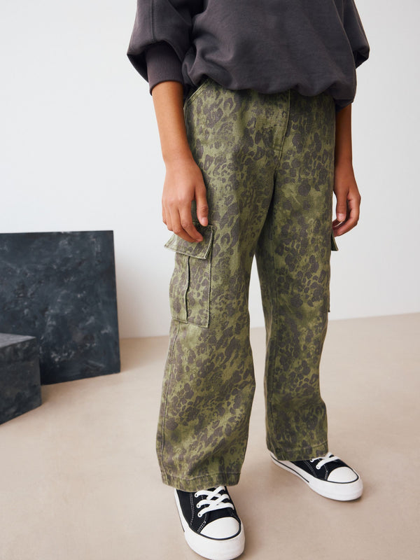 Green Leopard Wide Leg Cargo Jeans (3-16yrs)