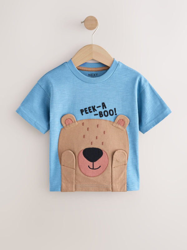 Blue Peekaboo Bear Print Short Sleeve Interactive Appliqué T-Shirt (3mths-7yrs)
