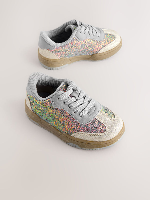 Blue Glitter Lace Up Retro Trainers