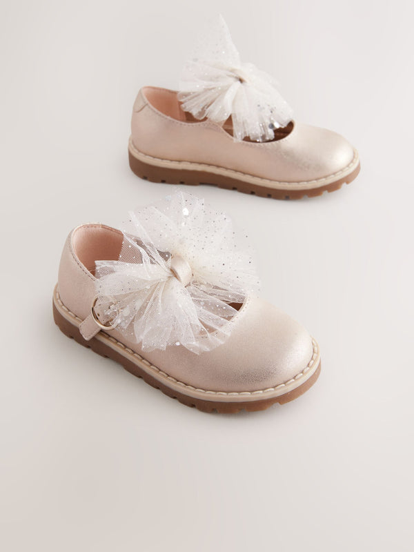 Champagne Gold Wide Fit (G) Chunky Bow Mary Jane Shoes