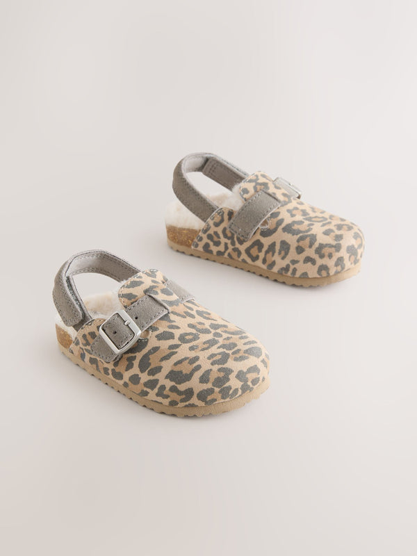 Tan Animal Leather Faux Fur Lined Clog Shoes
