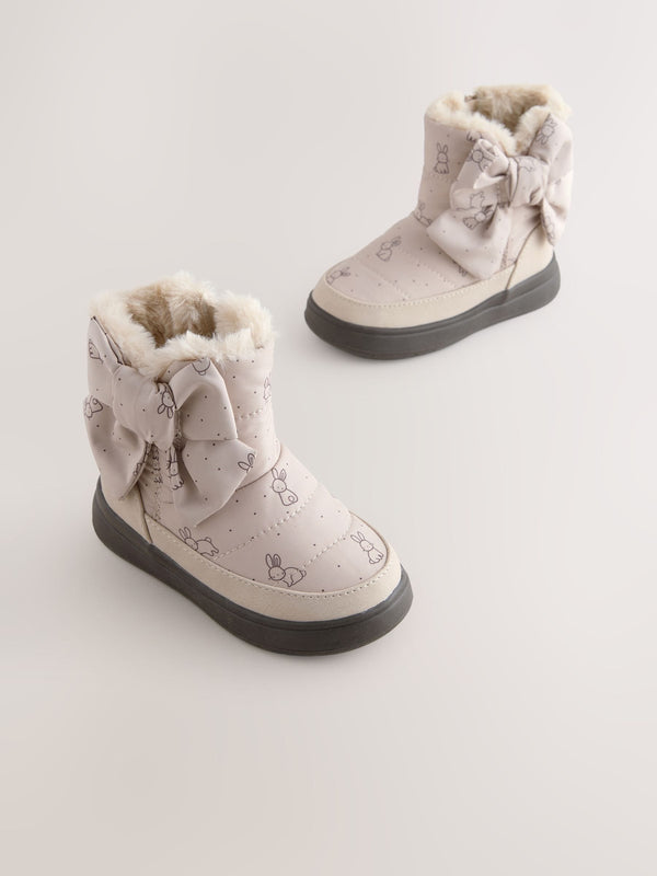 Neutral Bunny Water Repellent Quilted Bow Boots