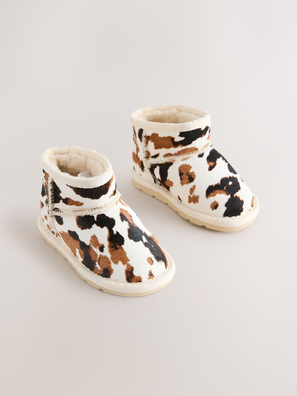 Brown/Cream Cow Print Standard Fit (F) Suede Pull On Boots