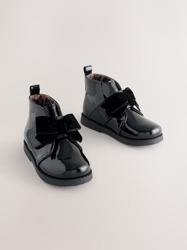 Black Patent Bow Detail Ankle Boots