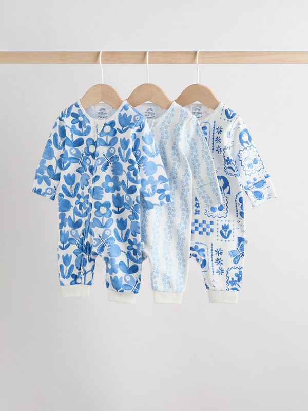 Blue 100% Cotton Two Way Zip Baby Footless Sleepsuits 3 Pack (0mths-3yrs)