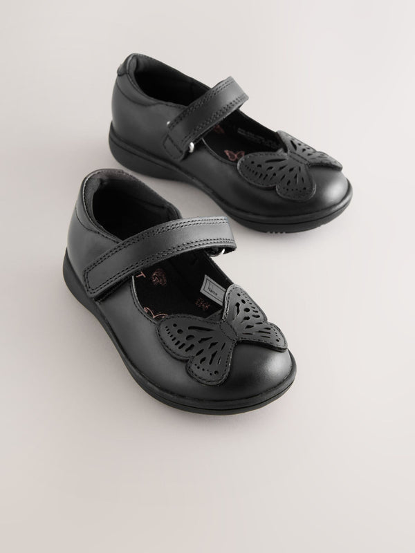 Black Butterfly Leather Mary Jane School Shoes