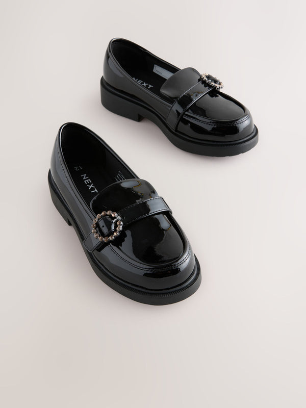 Black Patent Diamante Brooch School Loafers