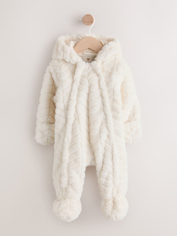 White Faux Fur Hooded Baby Pramsuit (0mths-2yrs)